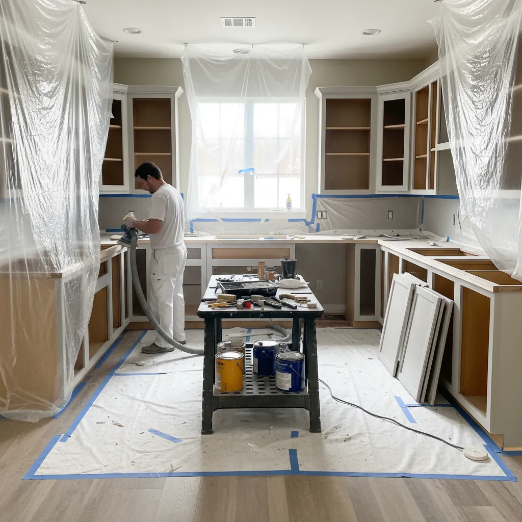 kitchen cabinets being repainted during renovation process