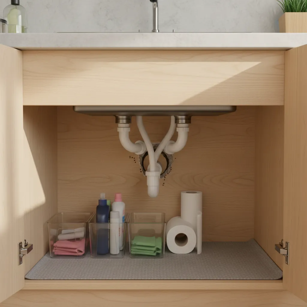 Open kitchen cabinet under sink showing white pipes and a gap in the back wall