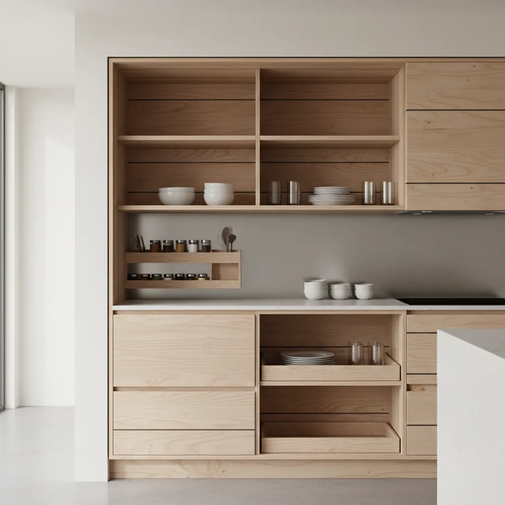 Open kitchen cabinet structure showing plywood panels and layers