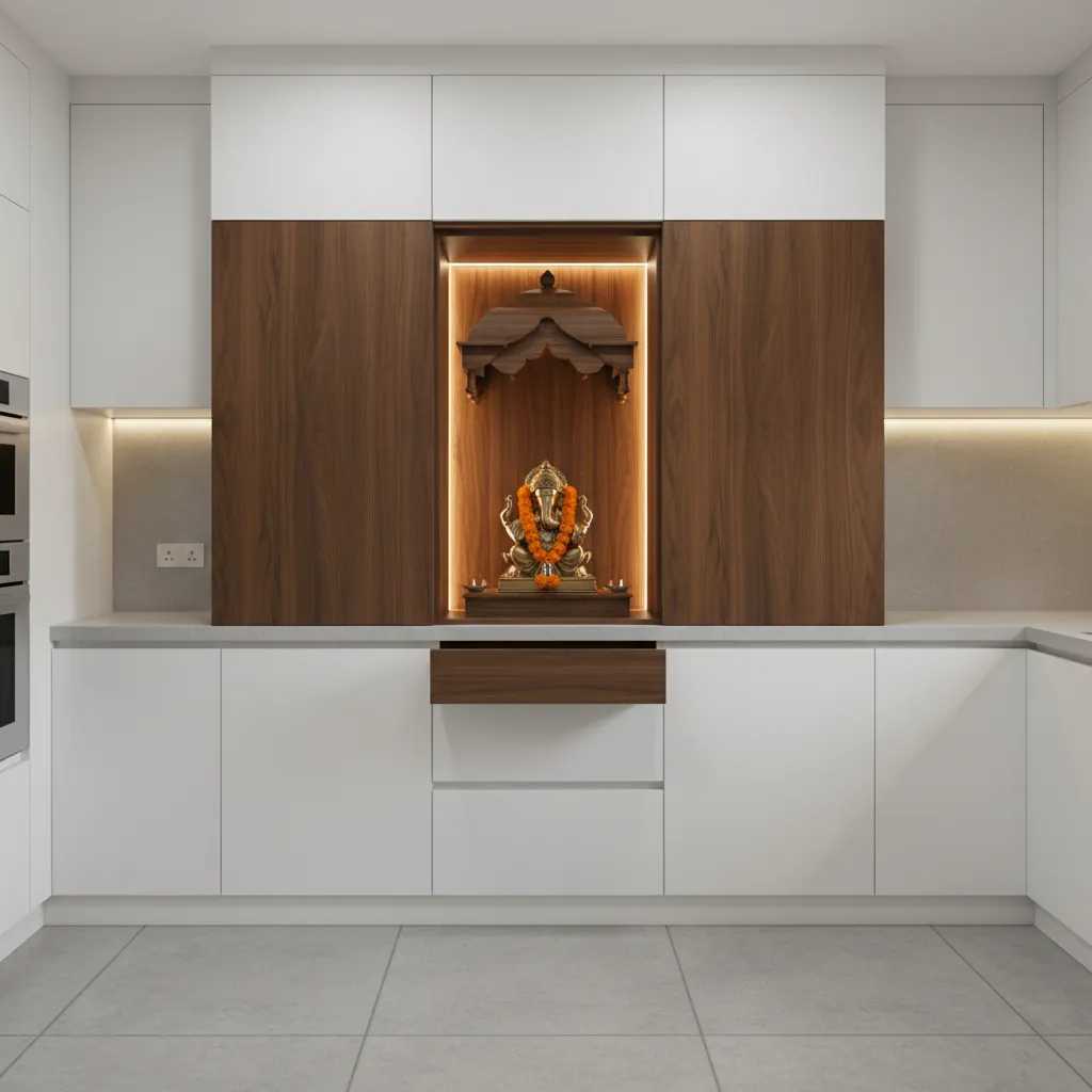 Modular kitchen cabinet with hidden pooja mandir niche