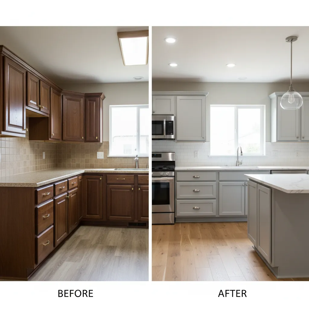 Before and after comparison of old dark wood kitchen cabinets versus modern light grey kitchen cabinets