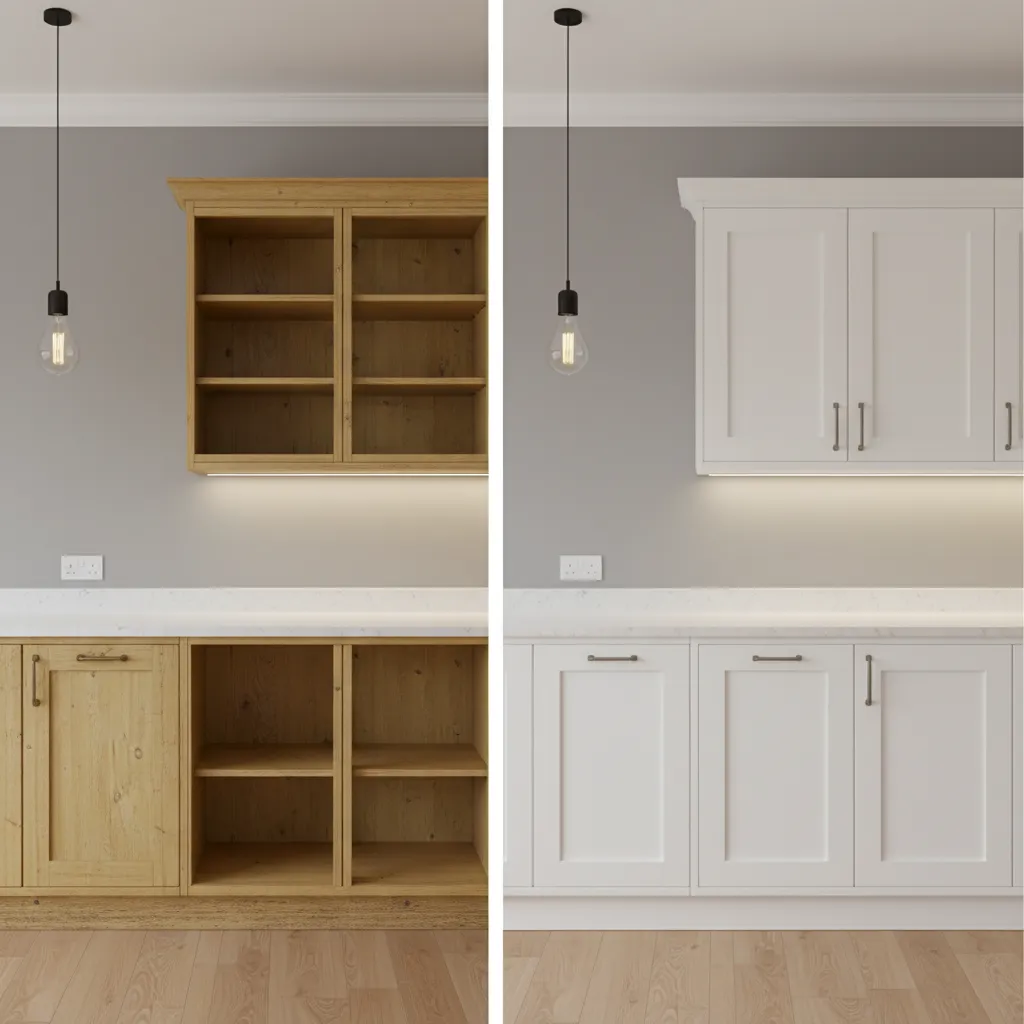 side by side comparison of cabinet refacing with new doors