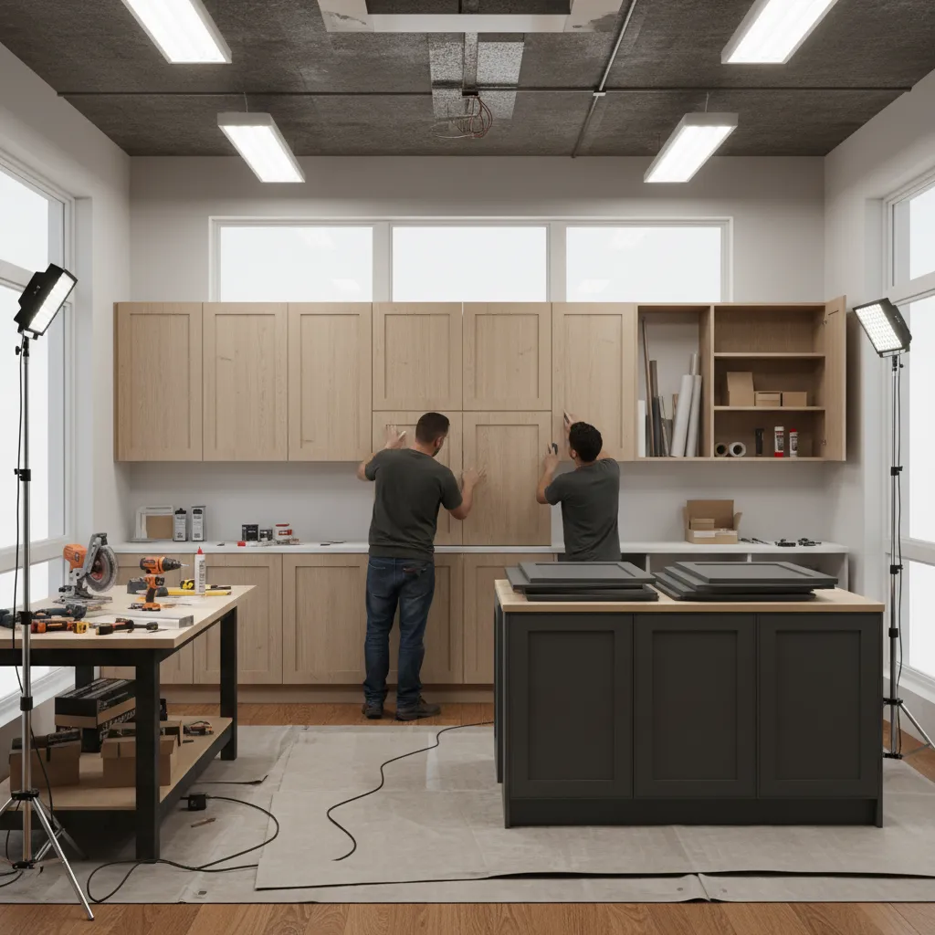 close view of cabinet refacing process with new doors and veneer installation