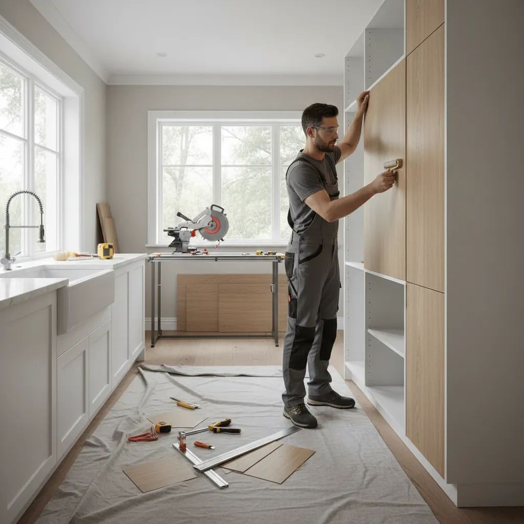 Kitchen renovation showing cabinet refacing with new cabinet skins