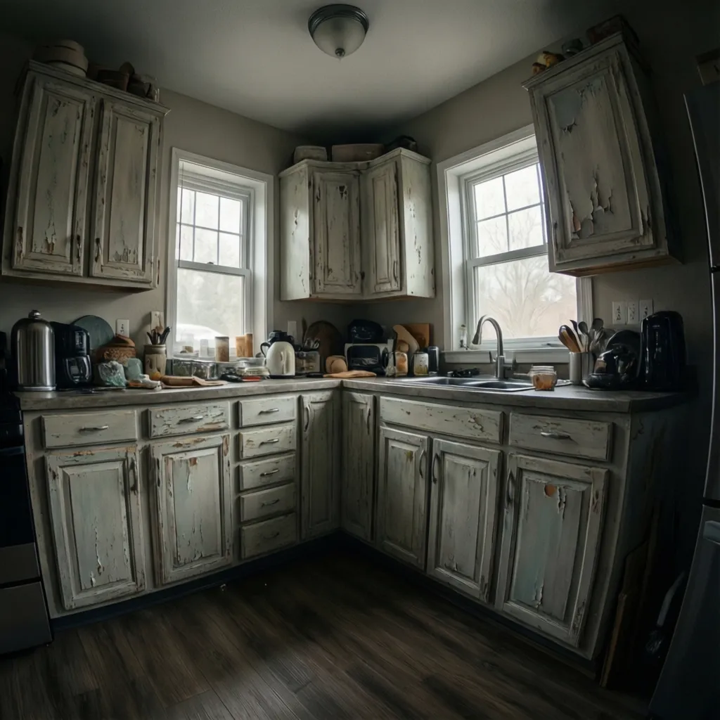 Kitchen cabinets showing early refinishing problems such as chipping and uneven finish