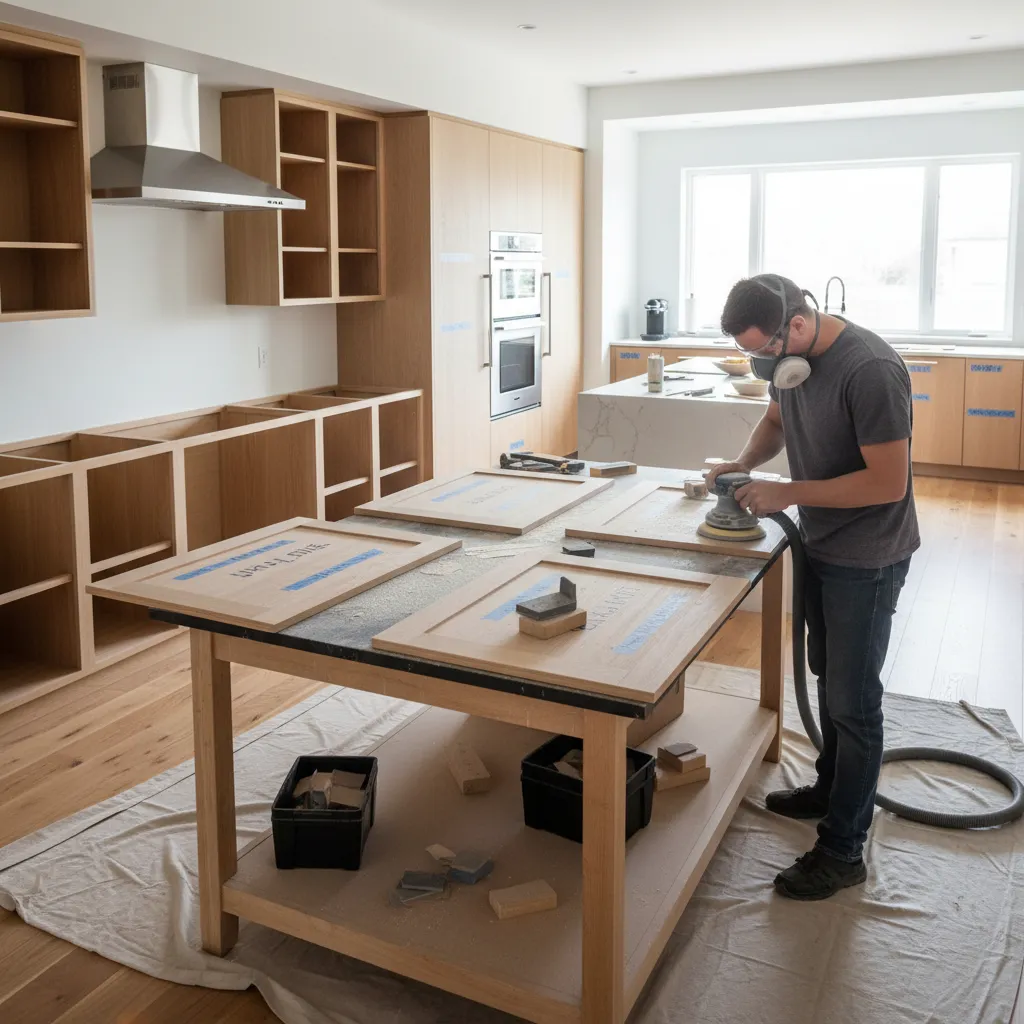kitchen cabinets being sanded and prepared for refinishing