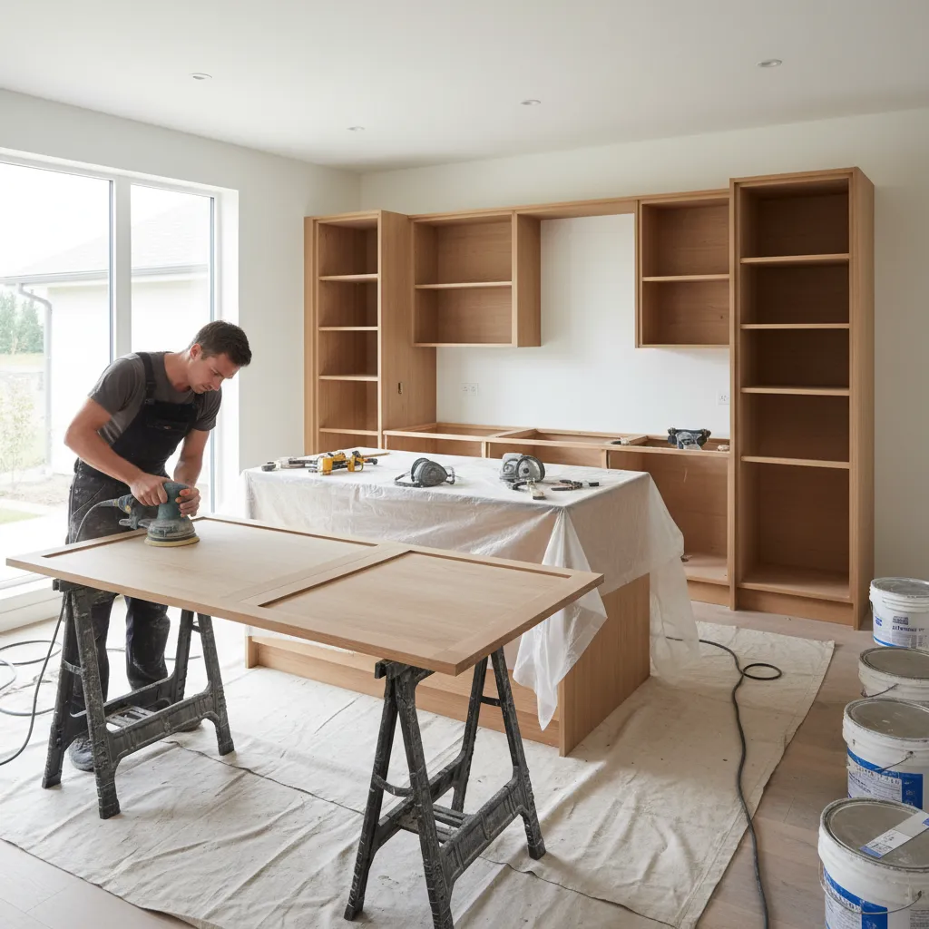 kitchen cabinets being sanded and refinished during renovation