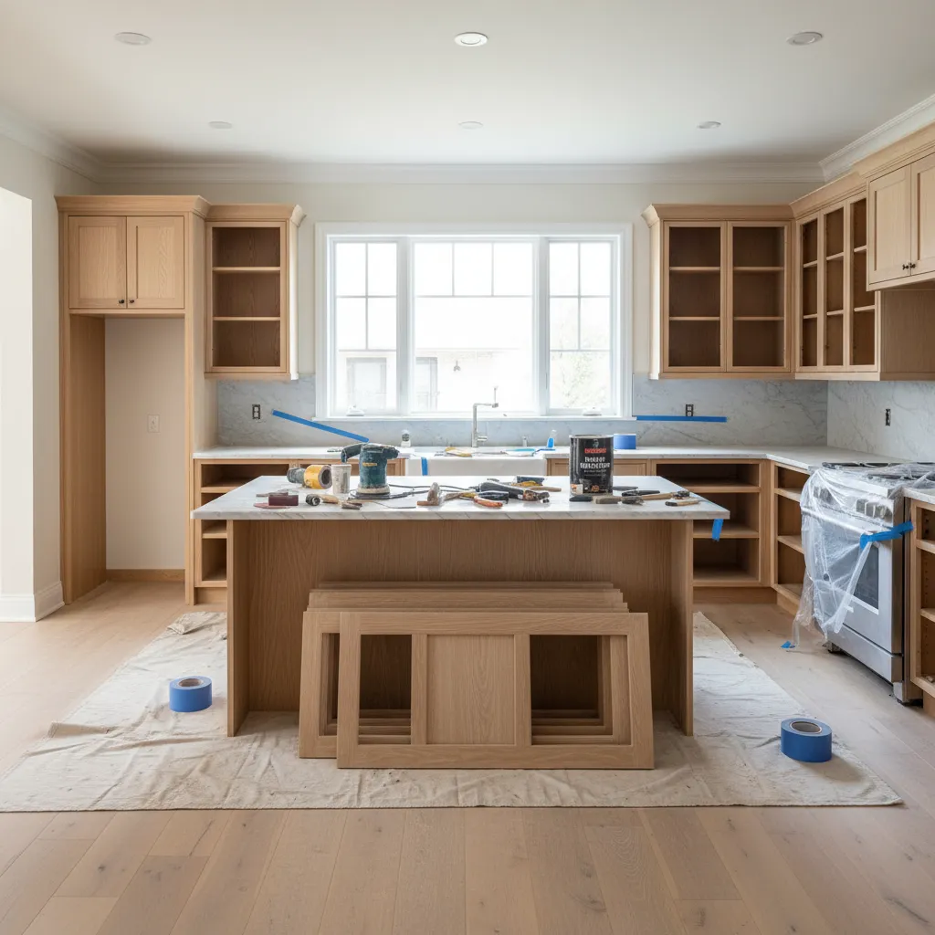 Kitchen cabinets being refinished with sanded wood surfaces before repainting