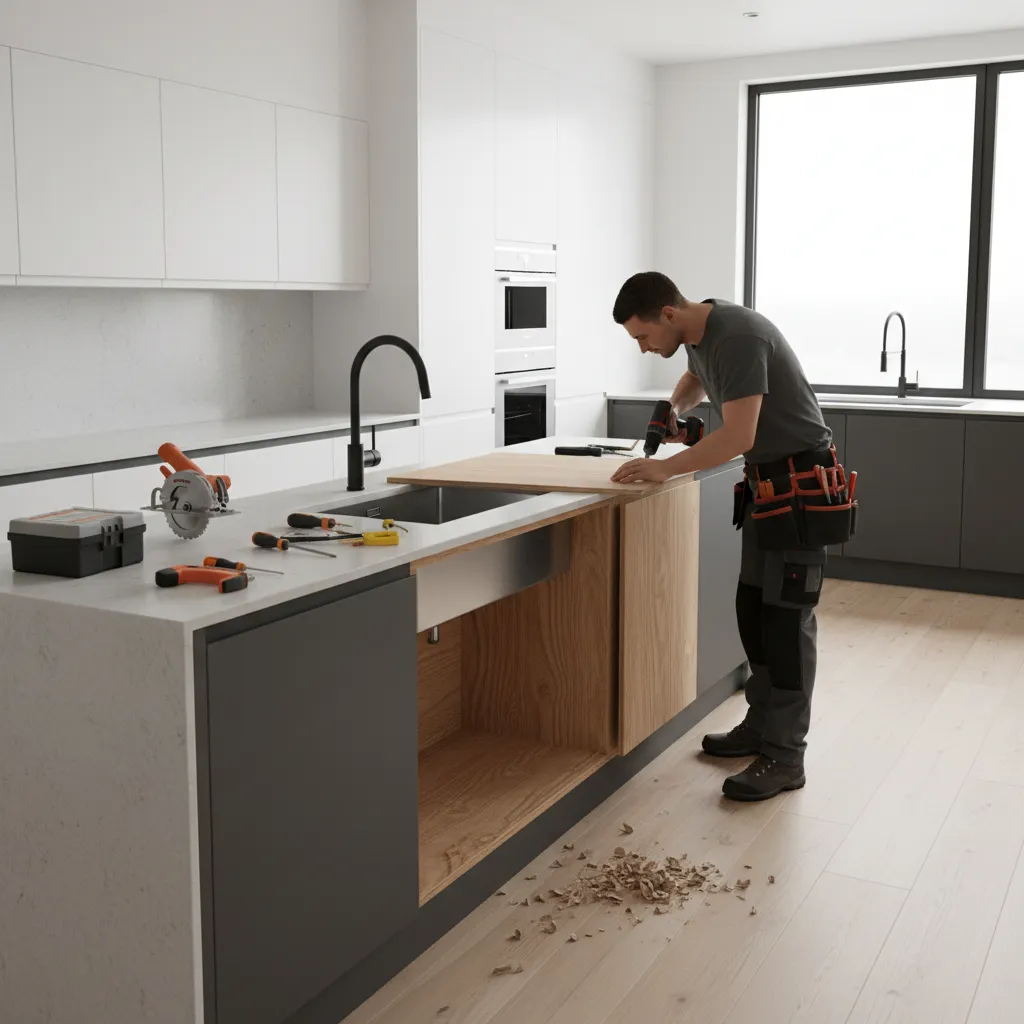 technician repairing damaged kitchen cabinet plywood panel