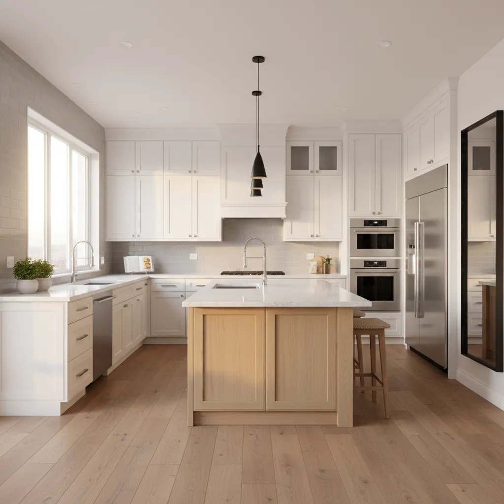 Modern white kitchen interior with wooden island center black ceiling lights and light wood floor