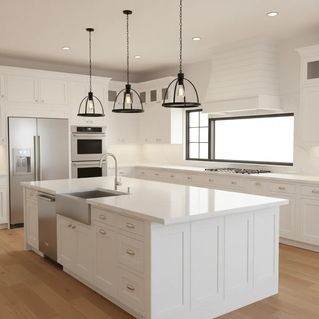 kitchen remodel showing new cabinet layout with island replacing old cabinets