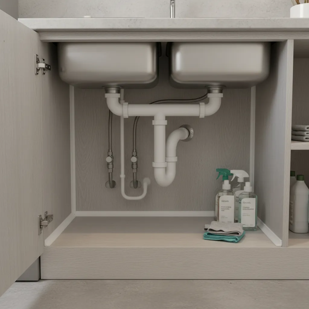 Close view of sealing kitchen cabinet gaps and plumbing holes to prevent cockroach entry