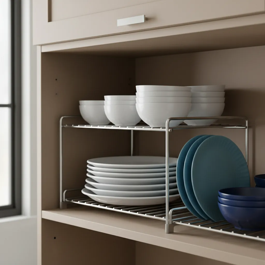kitchen cabinet interior with shelf risers organizing plates and bowls