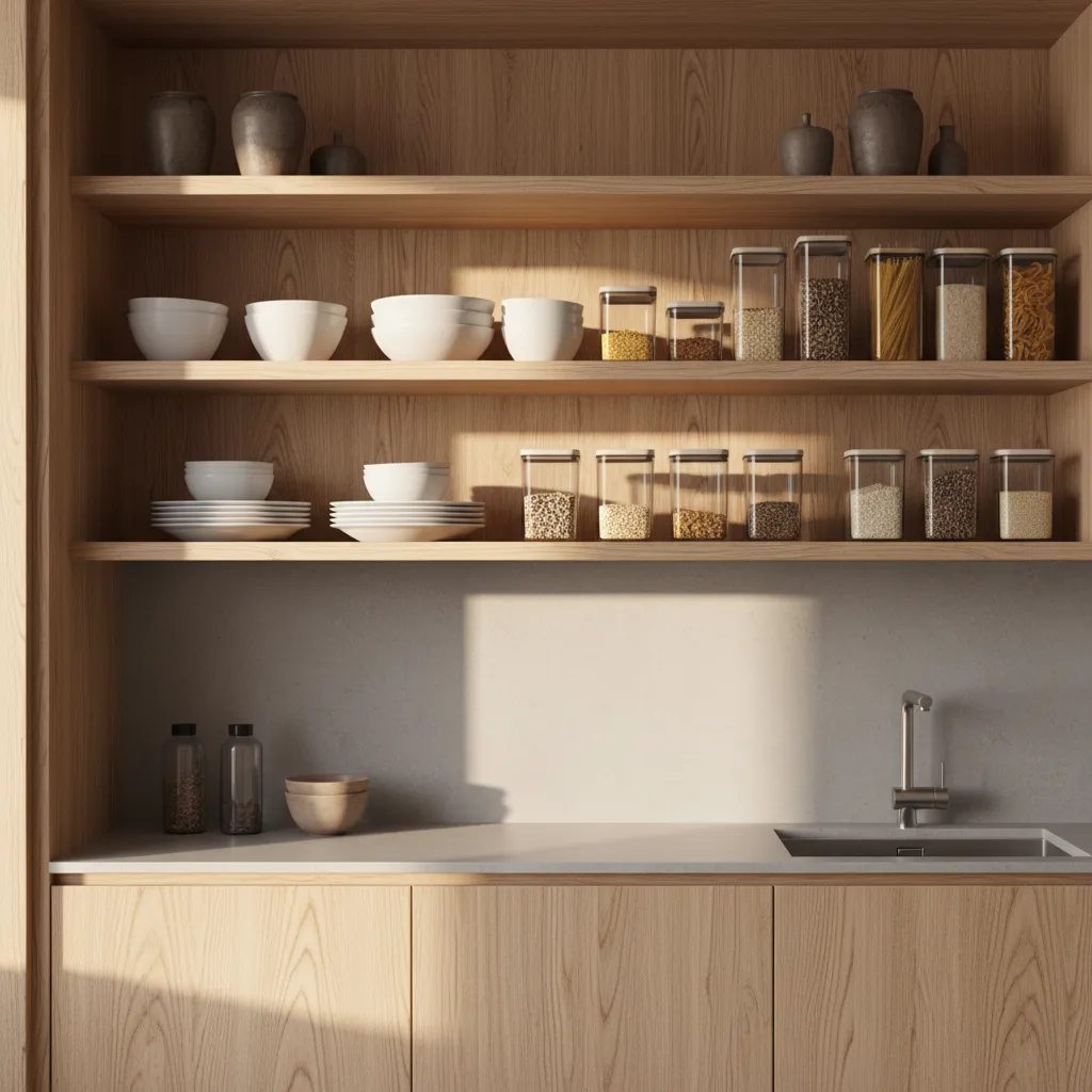 Kitchen cabinet interior showing adjustable shelves with plates bowls and pantry storage
