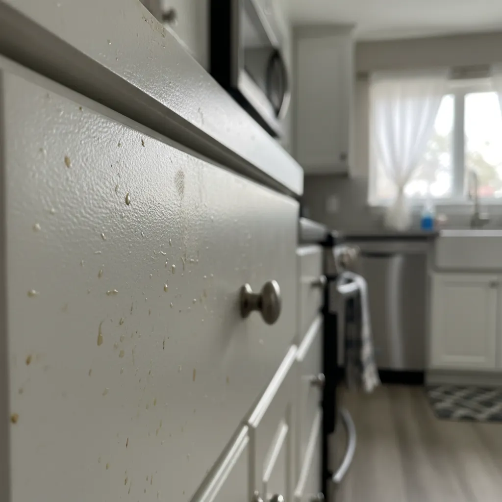 Close-up of sticky smoke residue buildup on white kitchen cabinet surface