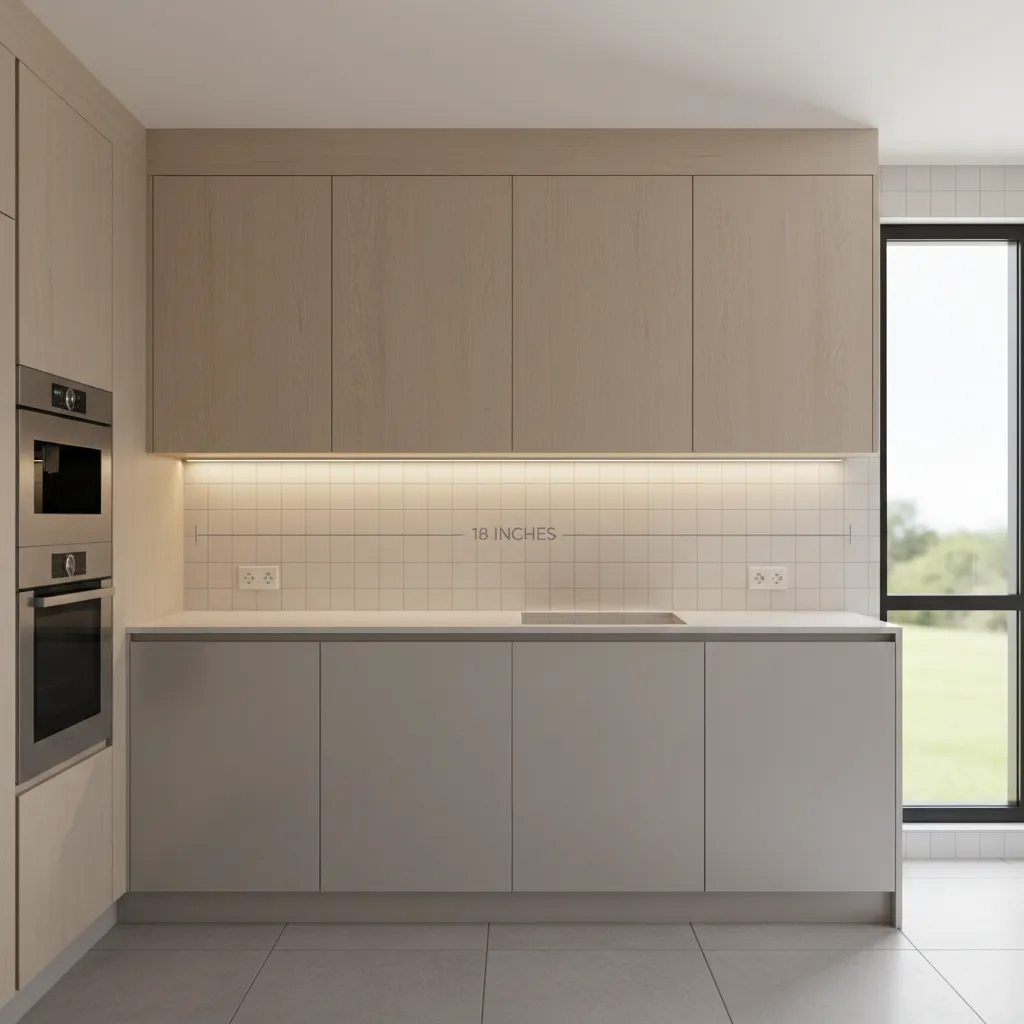kitchen wall showing measurement of space between counter and upper cabinets