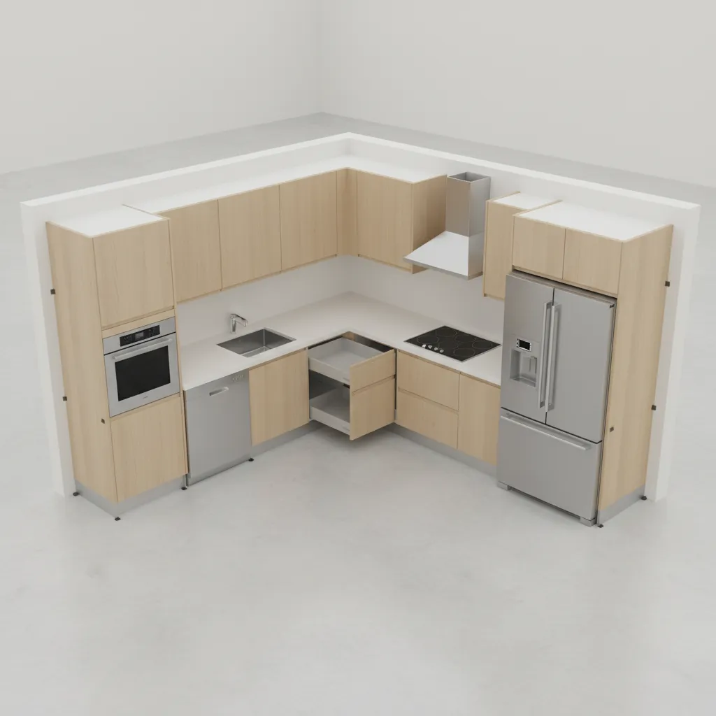 Kitchen layout planning showing cabinet spacing and corner cabinet placement