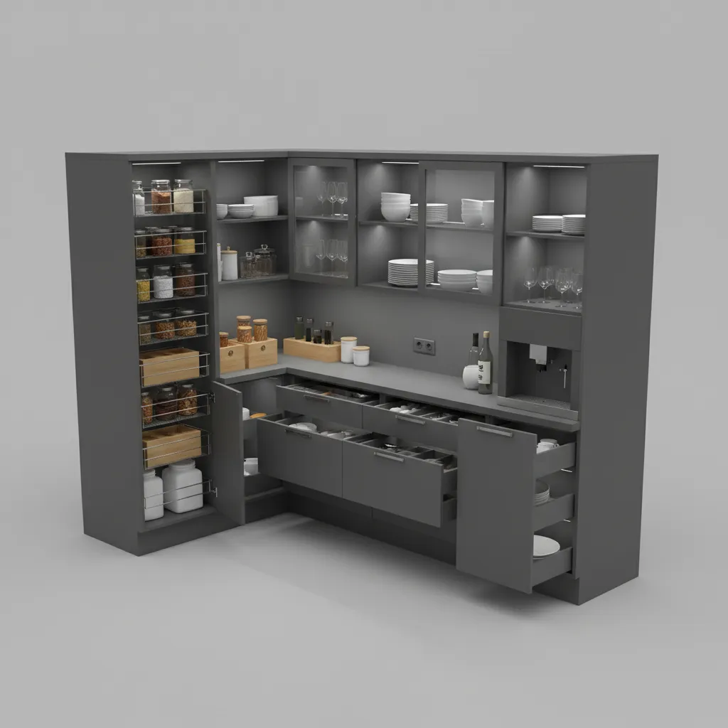 3D kitchen cabinet storage design with drawers pull outs and pantry system