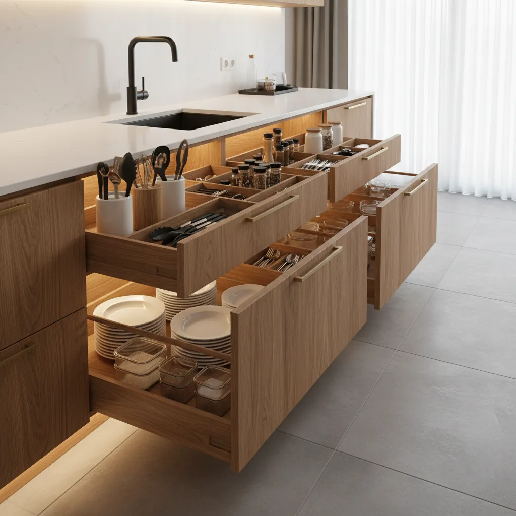 modern kitchen drawer storage system inside base cabinets