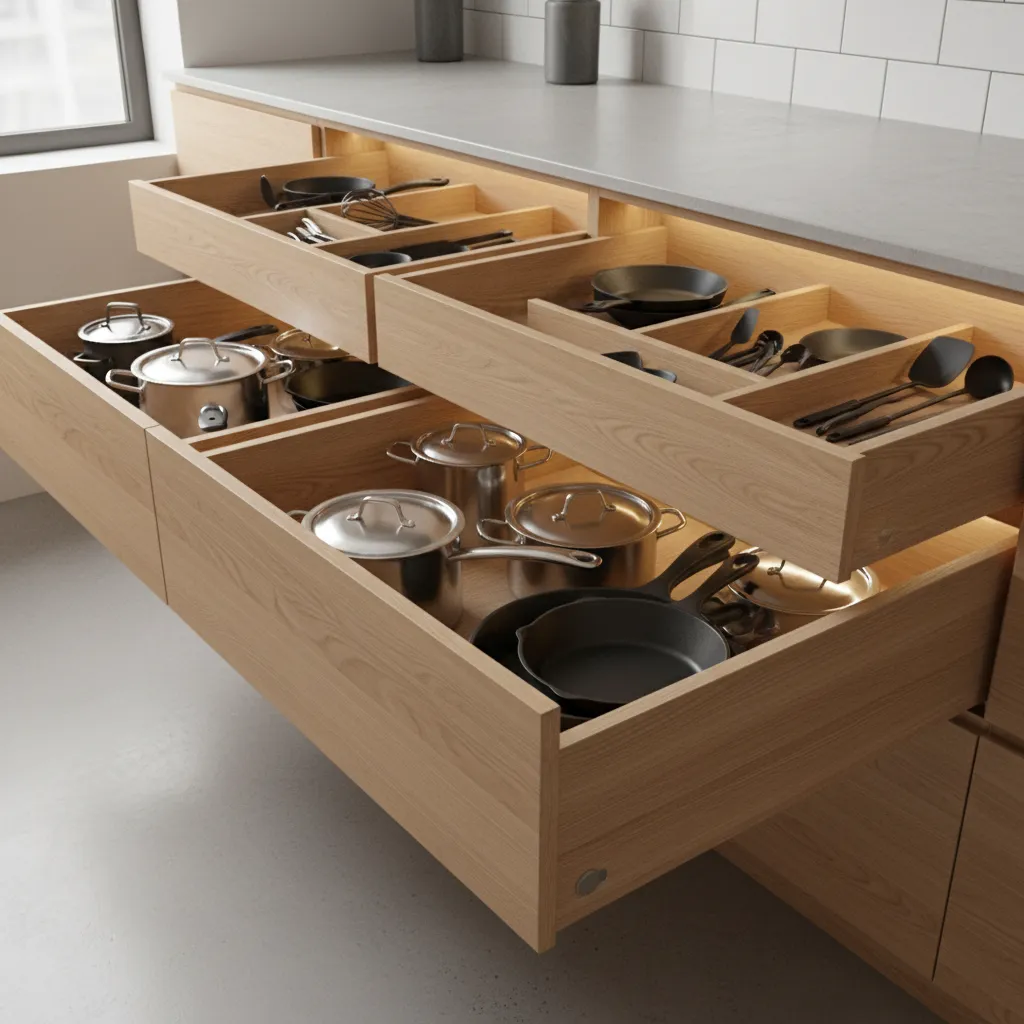 modern kitchen cabinet drawers with organized storage system