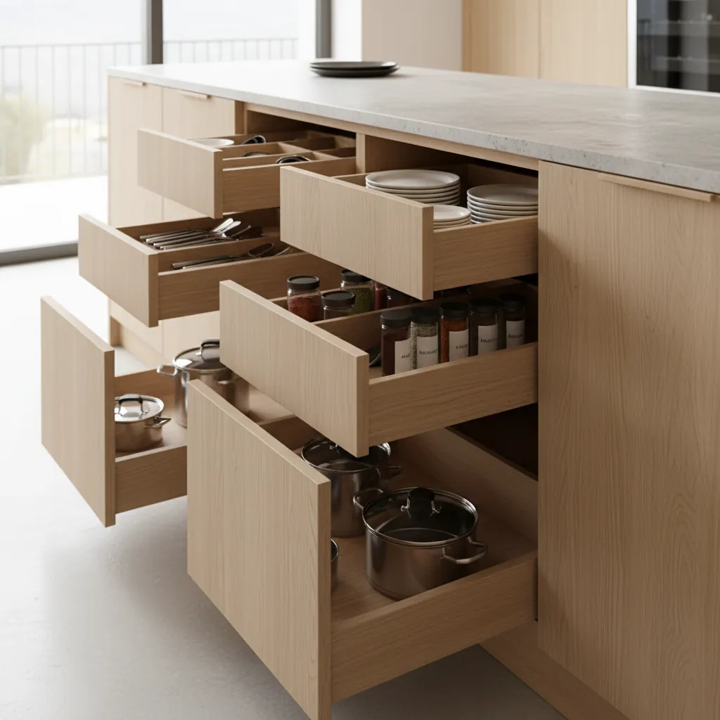 Kitchen base cabinets with pull out drawers and storage organizers