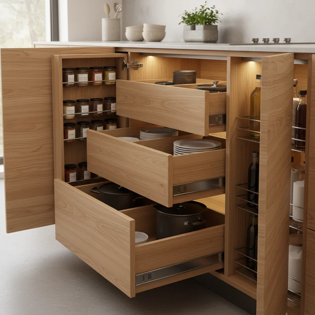 pull-out storage drawers and organized kitchen cabinet interior