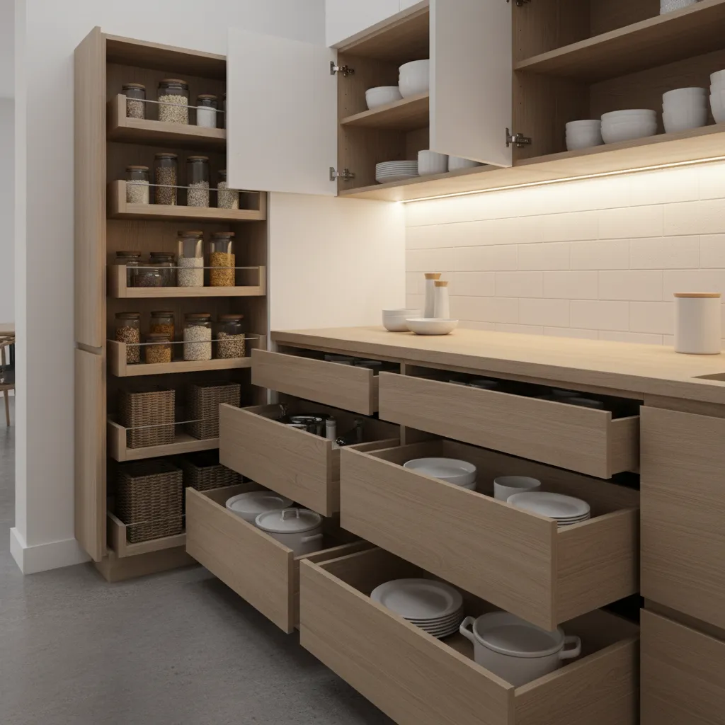 modern kitchen cabinet storage drawers and organized pantry system