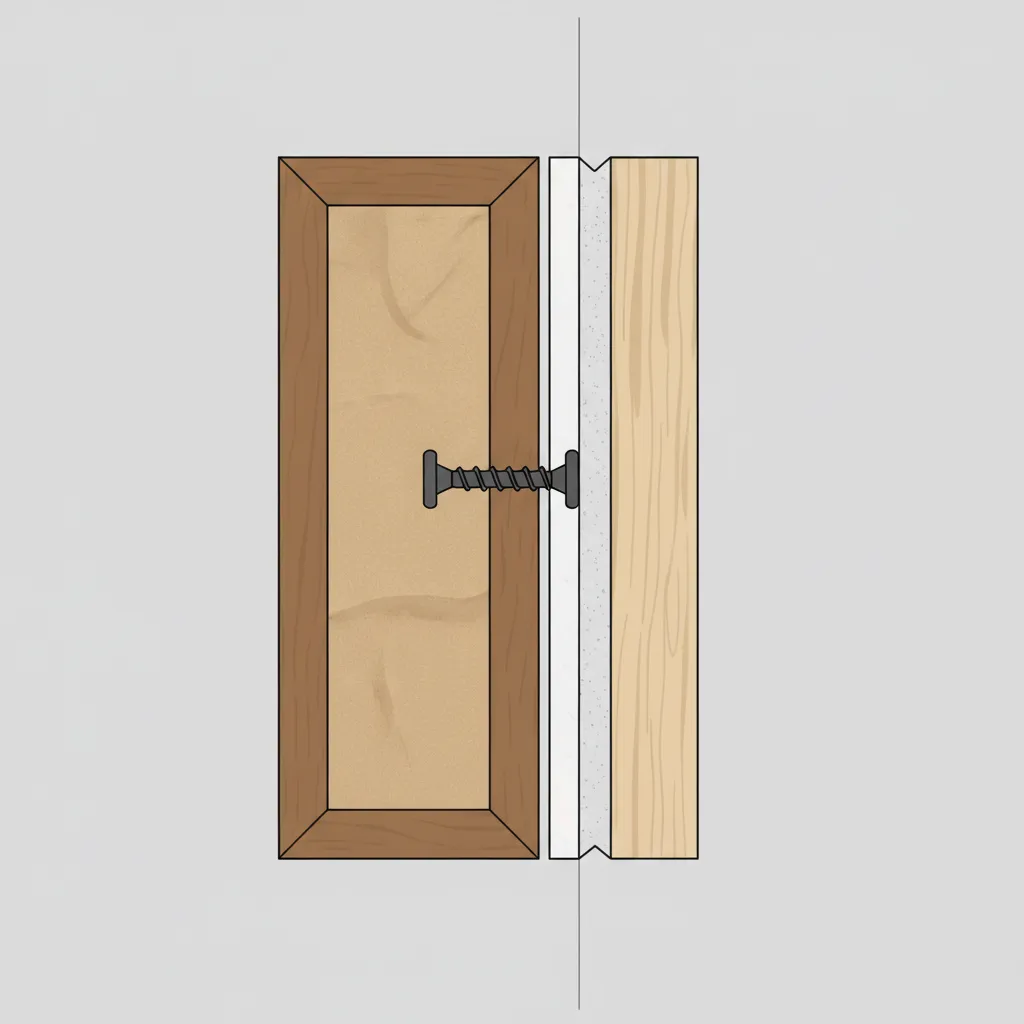 Simple diagram showing a metal screw connecting a wooden cabinet frame to a white wall