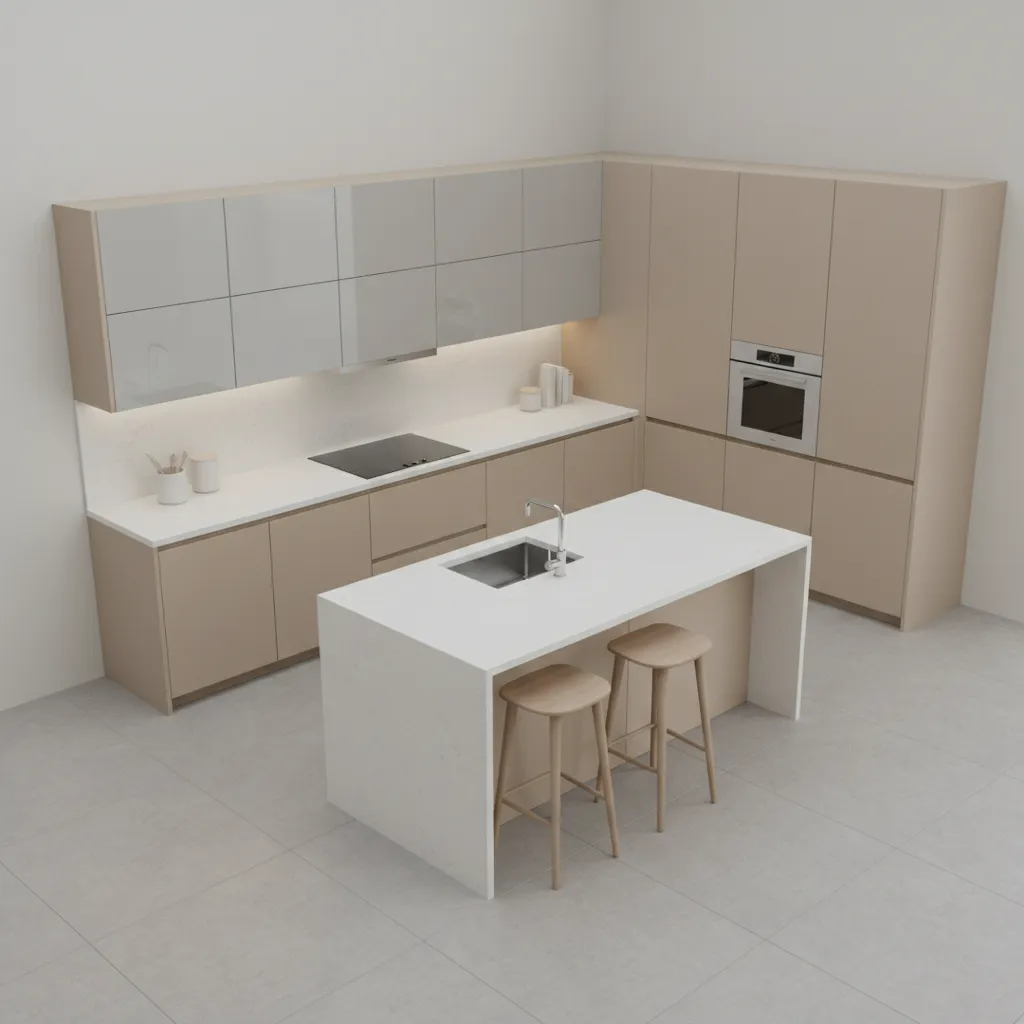 Kitchen layout visualization showing cabinet placement and workflow