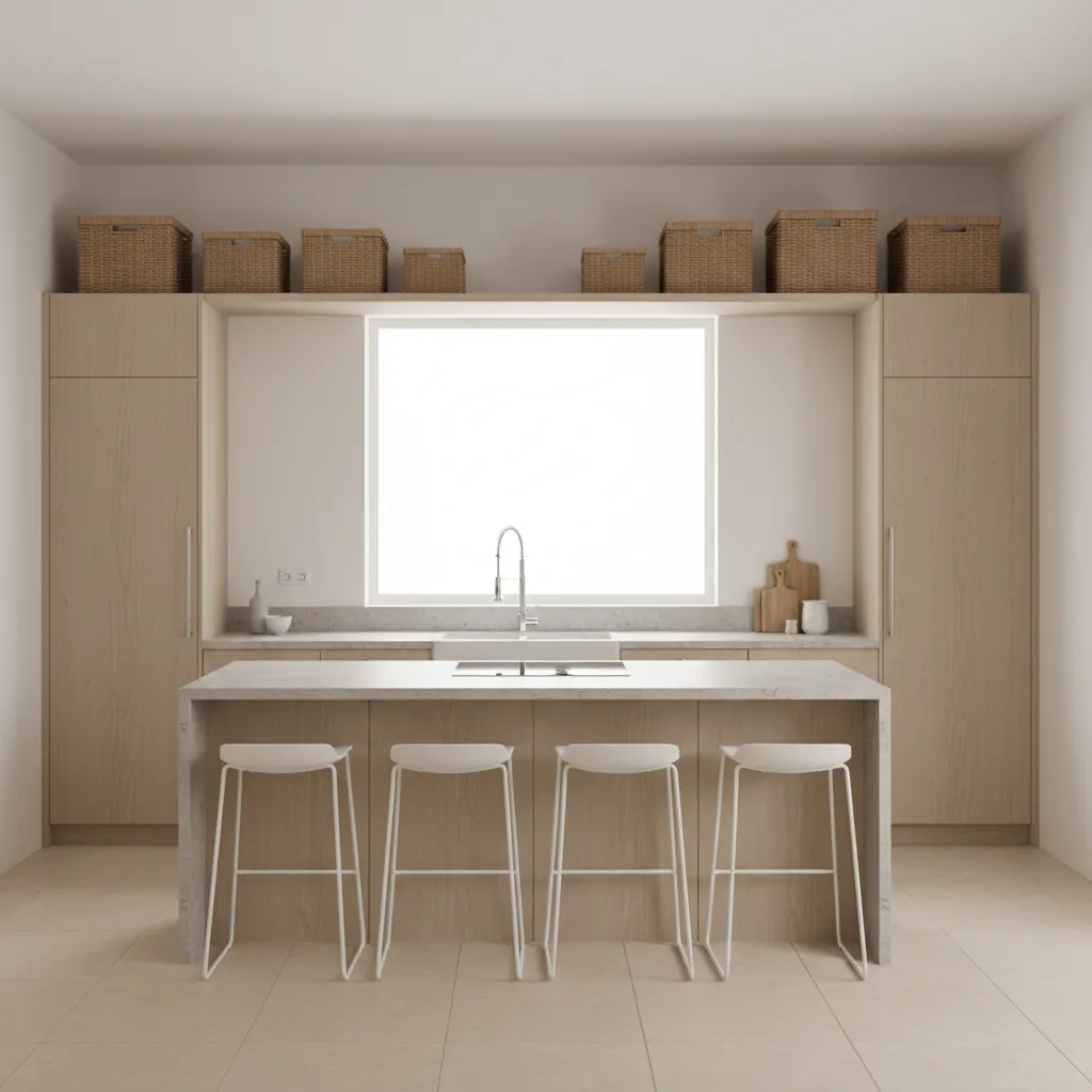 Kitchen baskets styled above upper cabinets with neutral decor