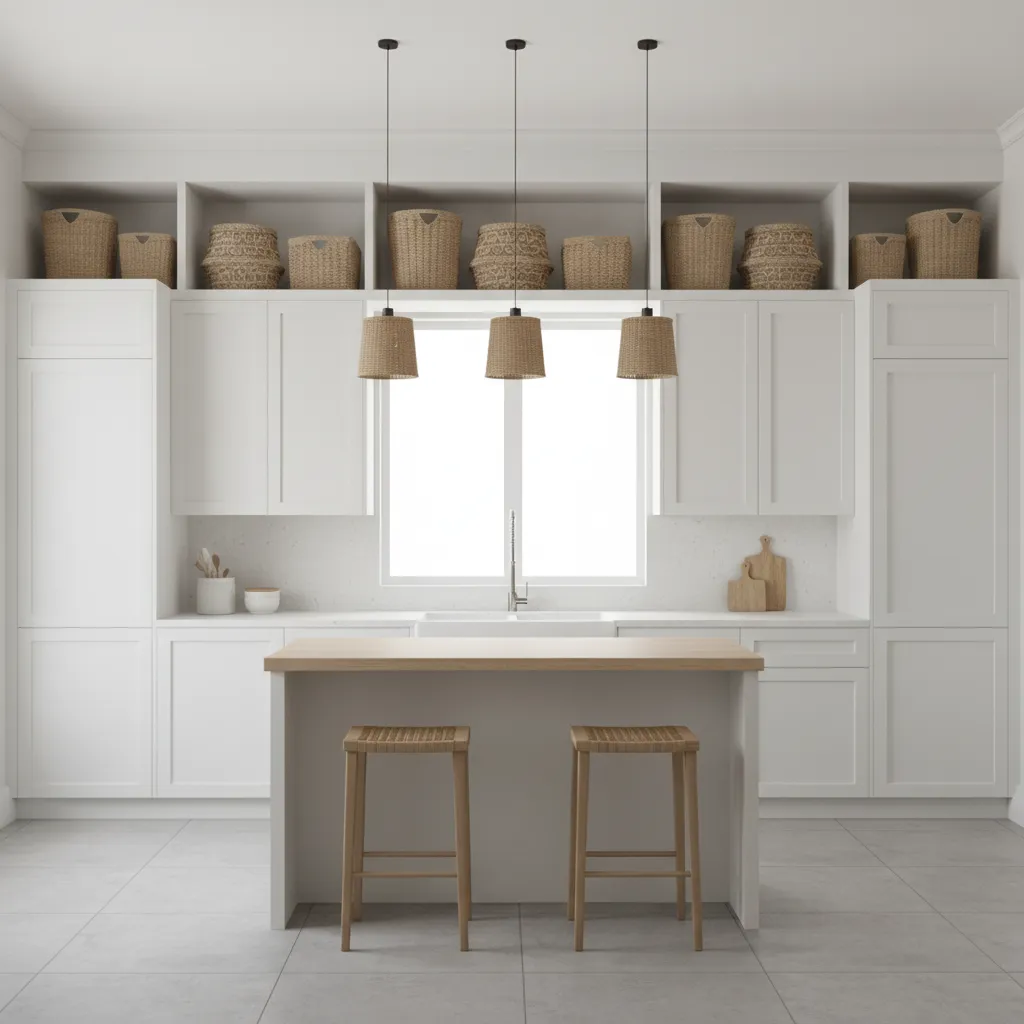 Kitchen cabinets with decorative storage baskets above them