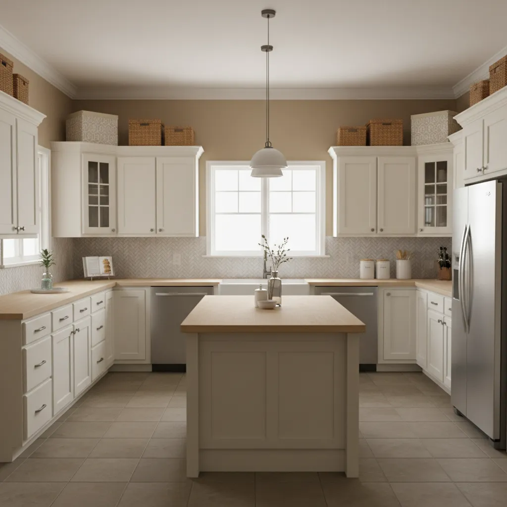Kitchen showing mix of baskets and decorative boxes above cabinets