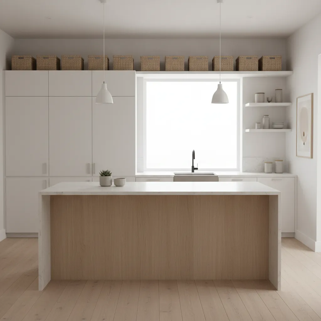 modern kitchen with organized containers above cabinets showing optimized vertical storage