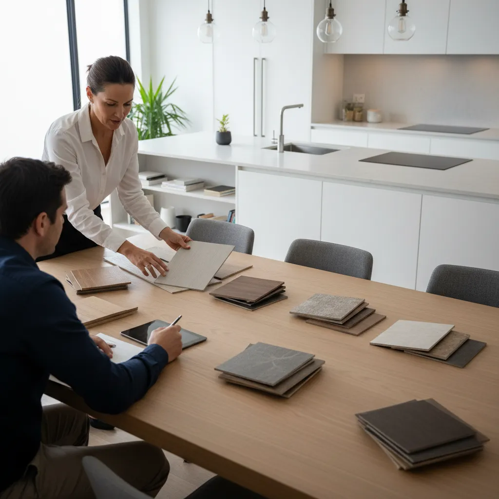 Designer reviewing kitchen cabinet upgrade options with plans and material samples