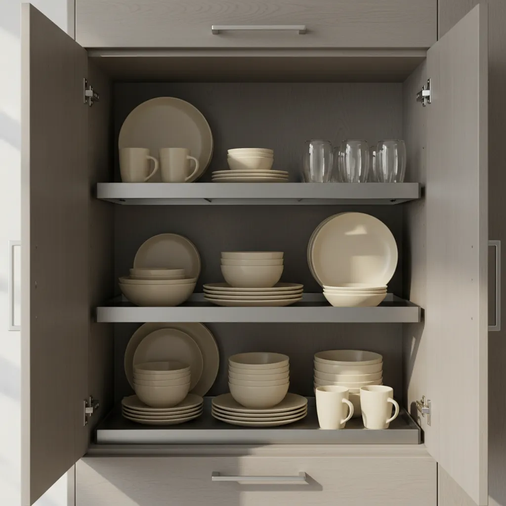 kitchen cabinet using shelf risers to double vertical storage space