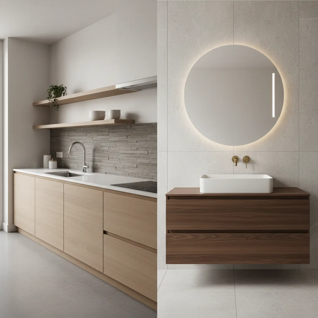Comparison of light wood kitchen cabinets and a dark wood bathroom vanity with round mirror