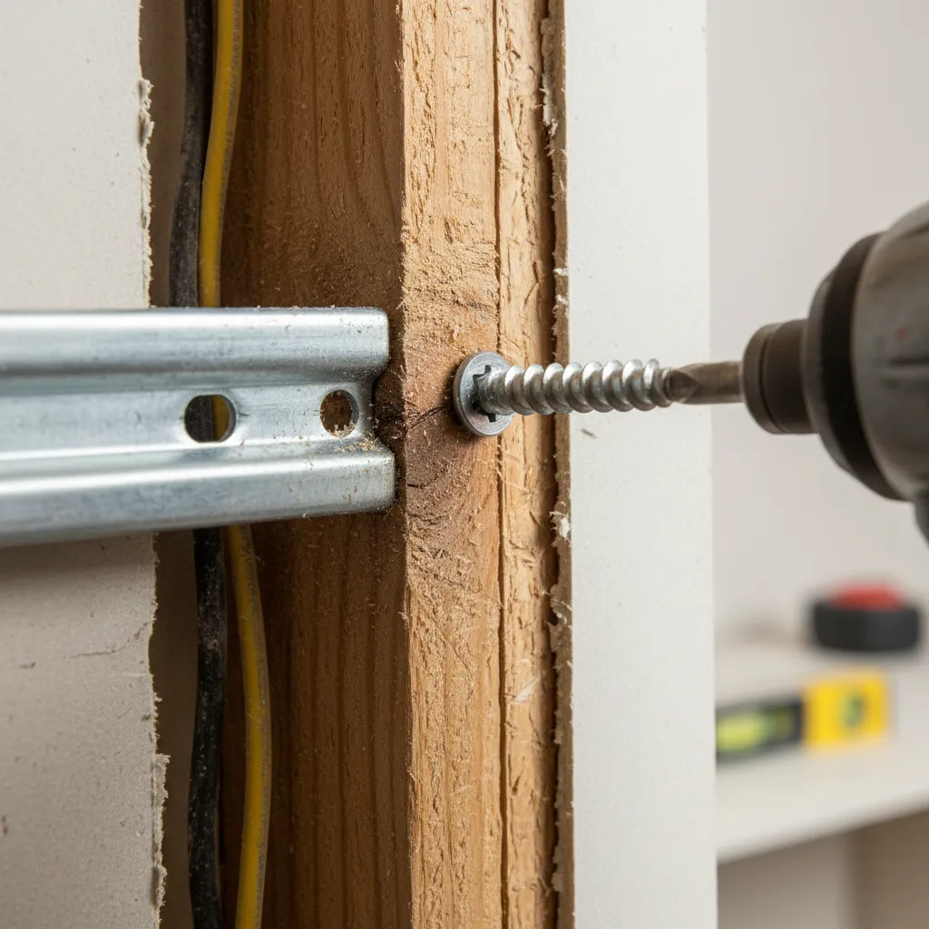 Close-up of cabinet screw anchoring cabinet rail into wall stud