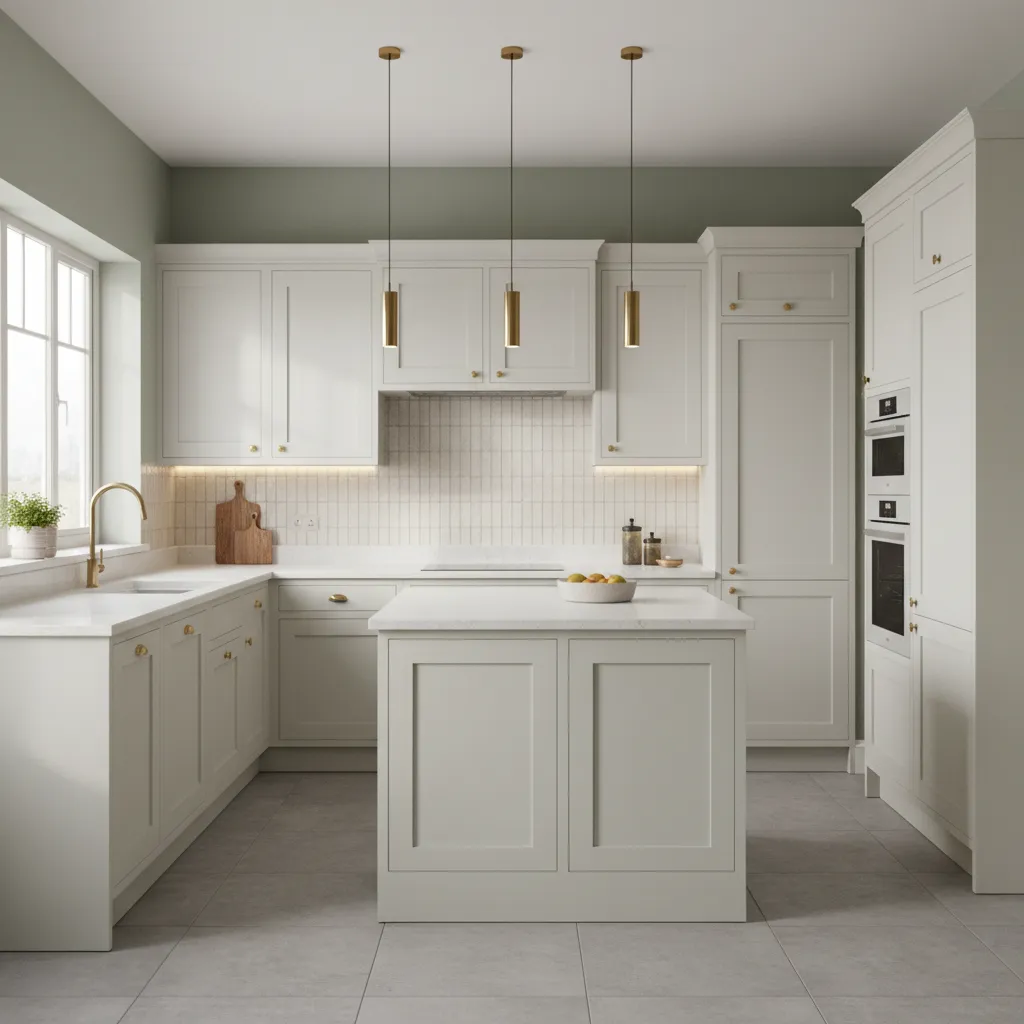 kitchen showing sage green walls paired with white cabinets