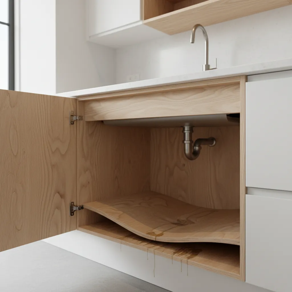 kitchen sink cabinet with swollen plywood from moisture exposure
