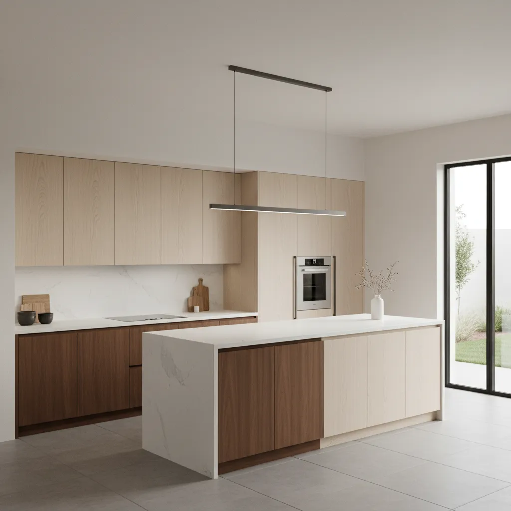 Comparison kitchen showing cabinets in white oak maple walnut and birch tones