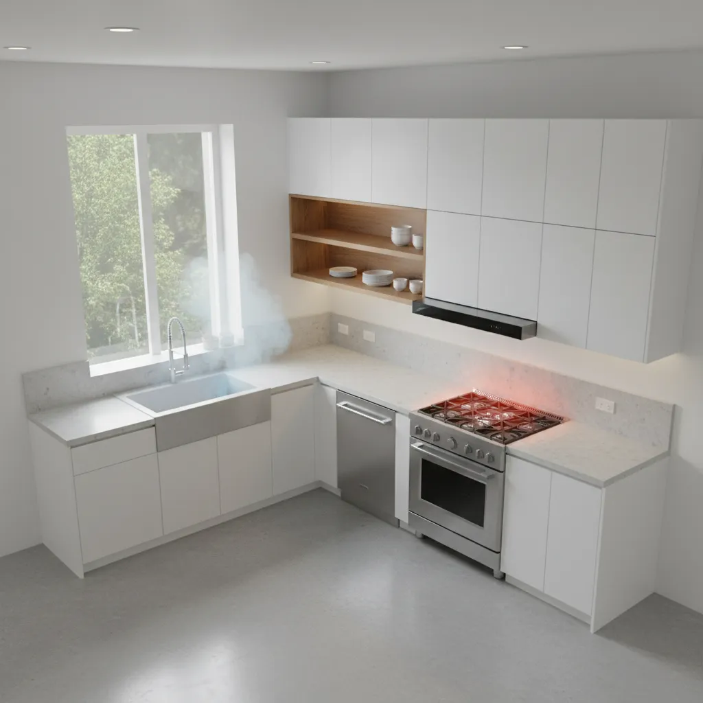 kitchen cabinet layout showing areas exposed to heat and steam