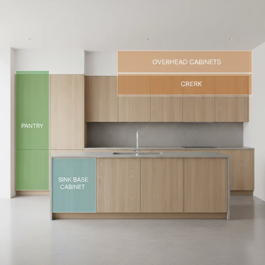 kitchen cabinet zones diagram showing recommended plywood types