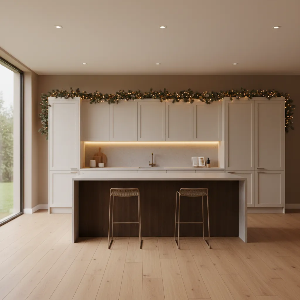 Warm fairy lights installed above kitchen cabinets for holiday ambiance