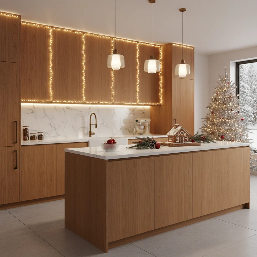 Kitchen cabinets decorated with warm white LED Christmas lights