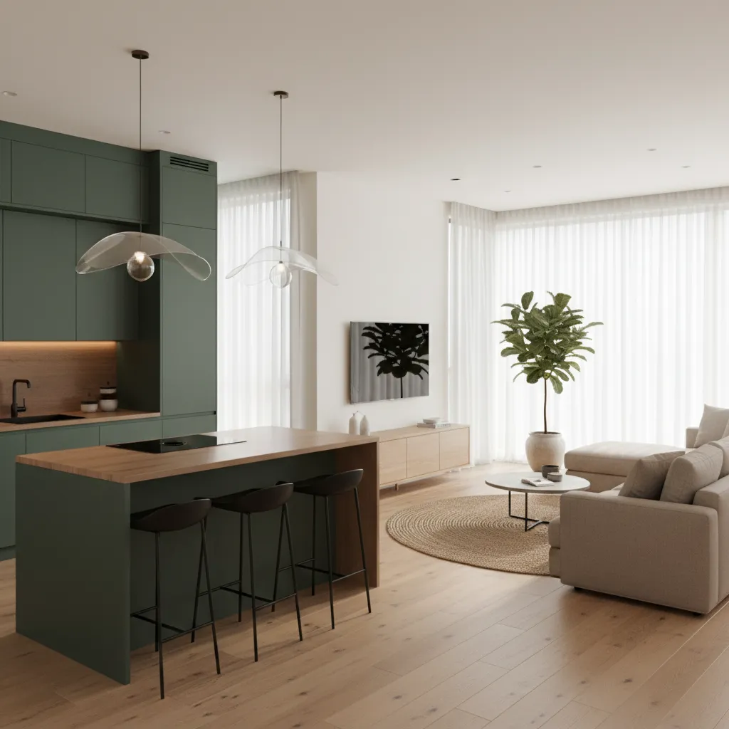 dark kitchen cabinets balancing a bright open living room