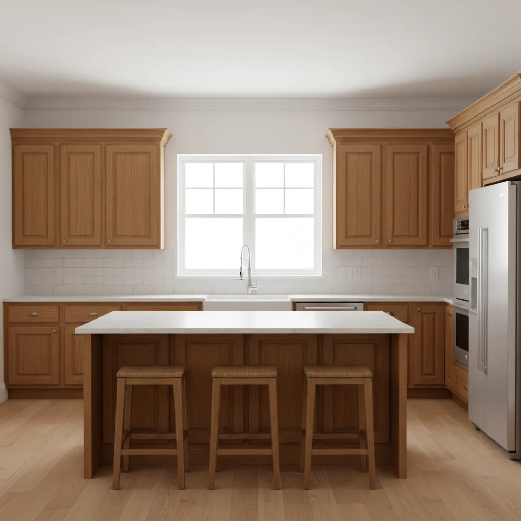 Kitchen with visible gap above upper cabinets near ceiling