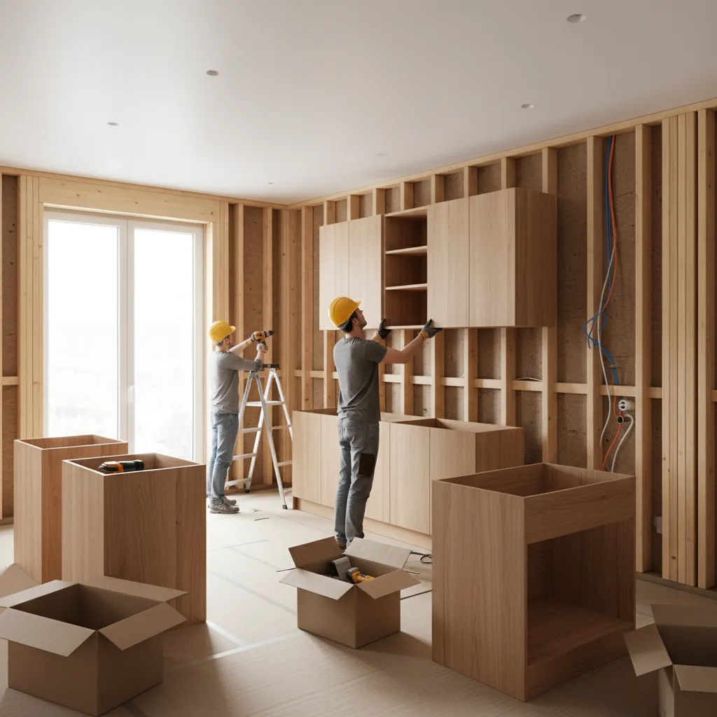 Workers in yellow hats installing wooden kitchen cabinets onto a wood frame wall in a house