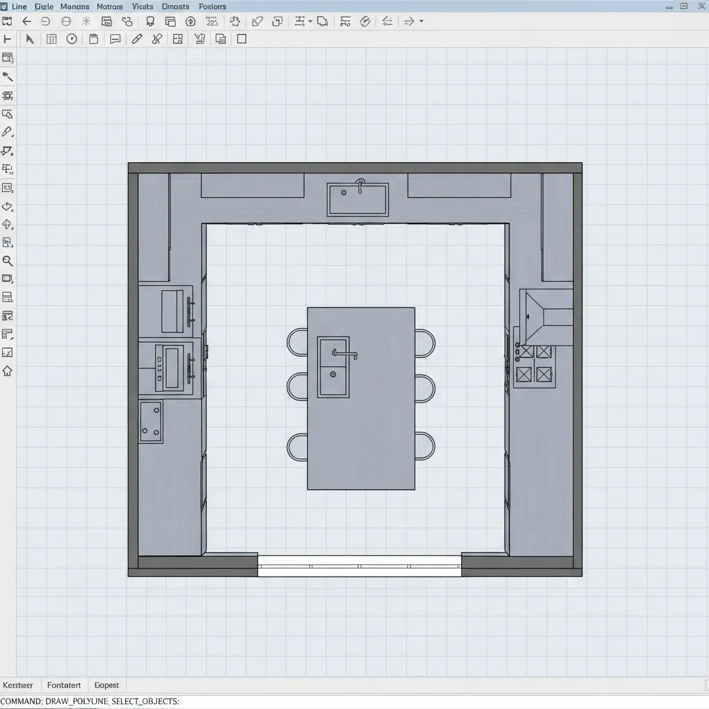 Kitchen floor plan being designed using CAD layout software