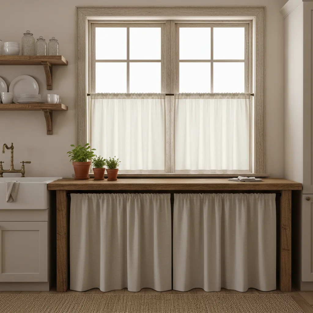 Kitchen window with linen cafe curtains covering lower half