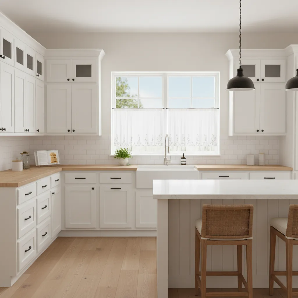 Kitchen window with simple cafe curtains letting in natural daylight